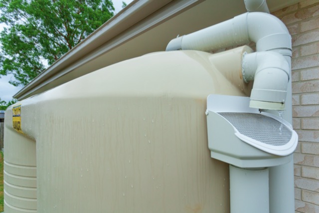 Rainwater running off roof into rainwater tank for drought-tolerant landscaping