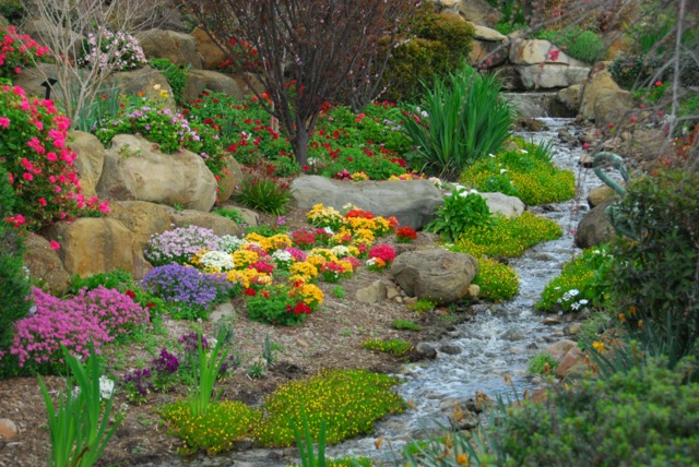 A rock garden, complete with running stream and flowering plants