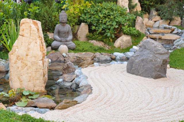 Small japanese garden with Buddha statue